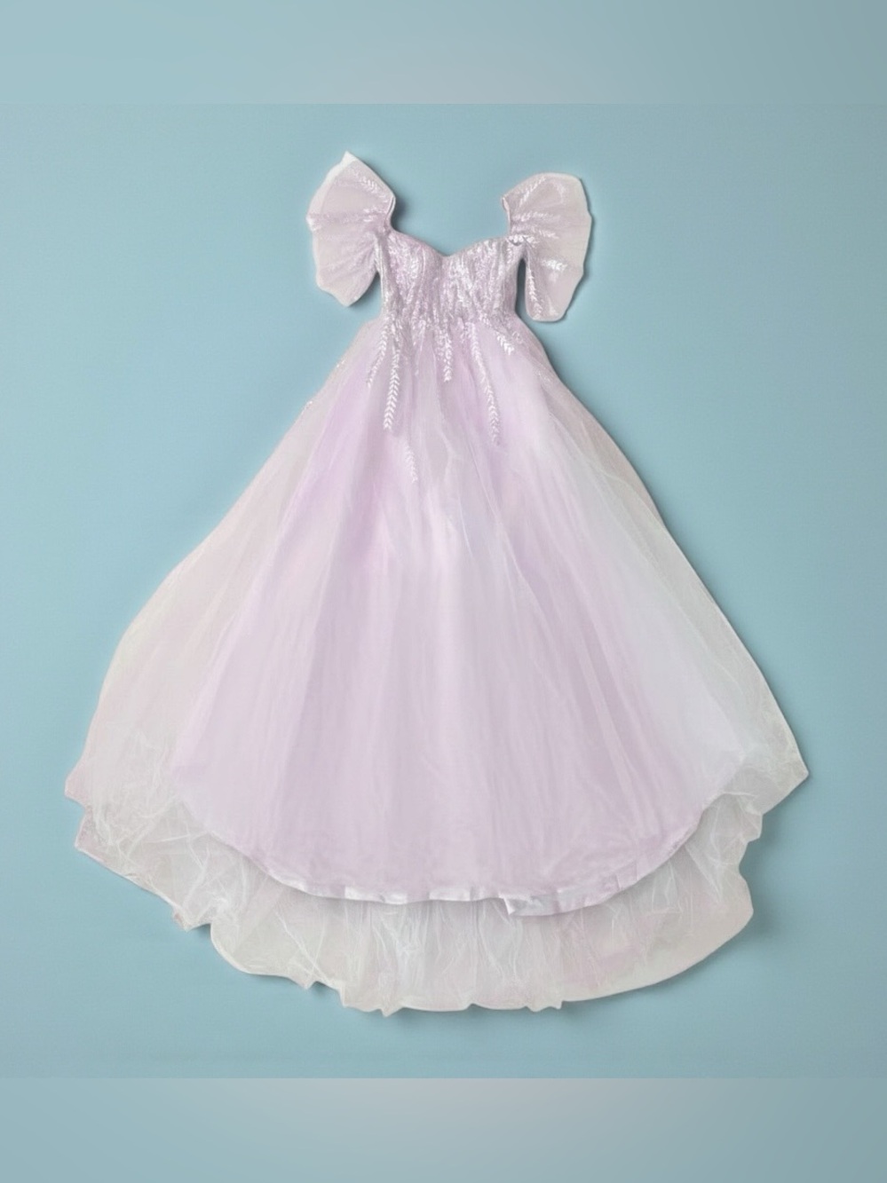White Tulle Ruffled Puff Sleeve Wedding Dress - Size Medium